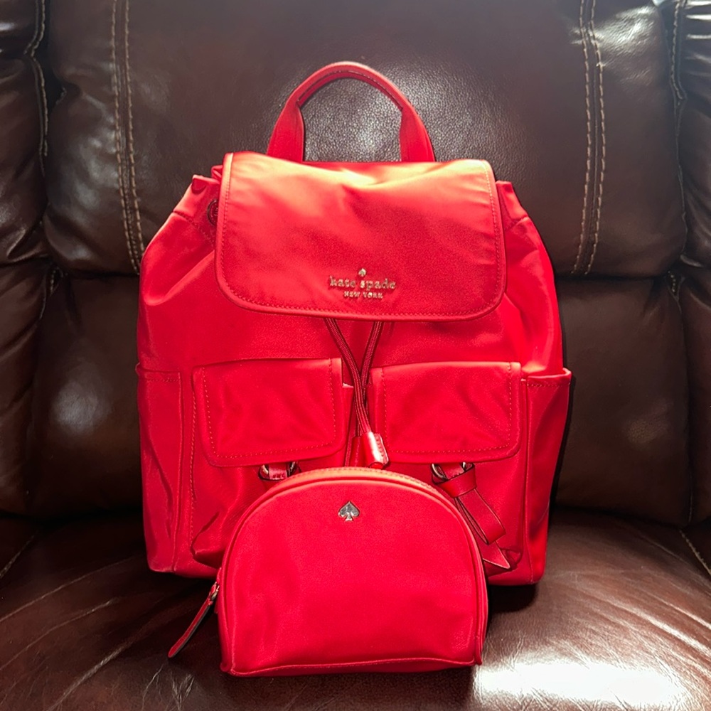 🔥🔥🔥Kate Spade Red Carley Flap Nylon Backpack With Matching Red Pouch
